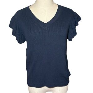 Armani Exchange Navy Blue Ruffled Sleeve Sweater Short Sleeve V-Neck Ribbed